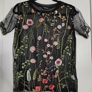 Timing Black Mesh Top with Colorful Floral Embroidery
